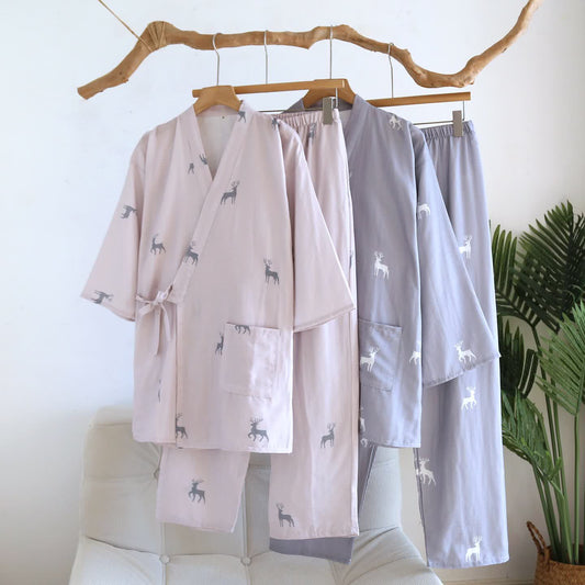 Ensemble kimono en gaze de coton à motif de cerf - image 0