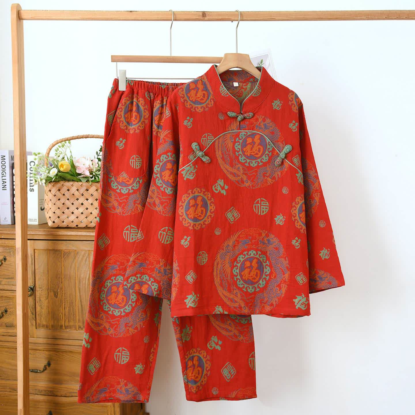 Ensemble pyjama en coton de bon augure avec col montant - Rouge - XXL - image 0