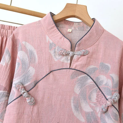 Ensemble pyjama en coton à motif pivoine et col montant - image 2