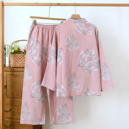 Ensemble pyjama en coton à motif pivoine et col montant - image 1