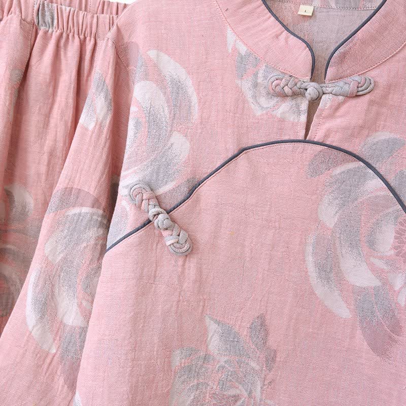 Ensemble pyjama en coton à motif pivoine et col montant - image 3
