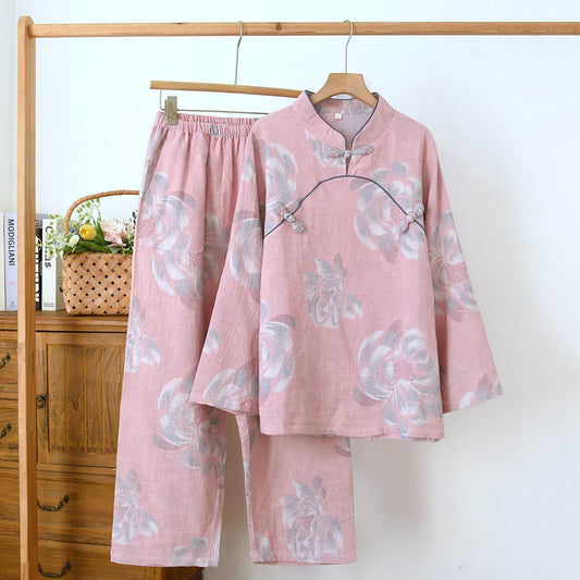 Ensemble pyjama en coton à motif pivoine et col montant - Rose - XXL - image 0