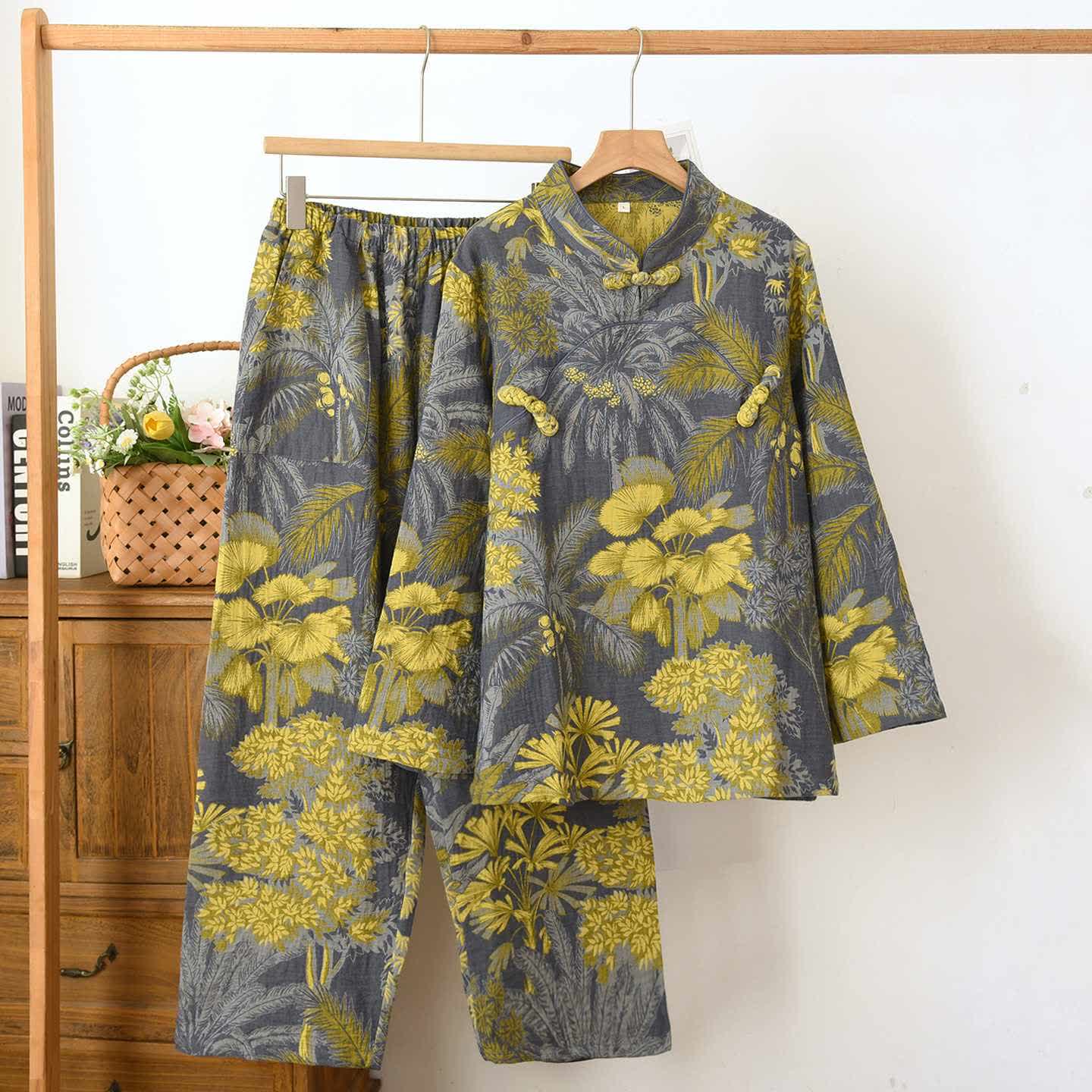 Ensemble pyjama en coton à col mandarin orné de motifs floraux - Gris - XXL - image 0