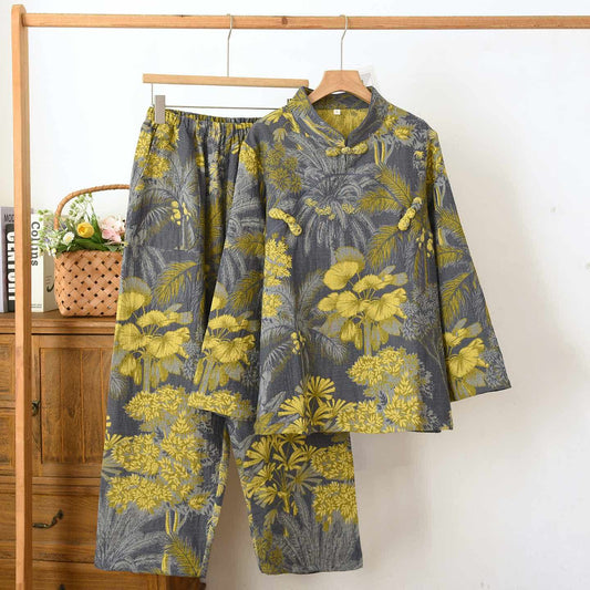 Ensemble pyjama en coton à col mandarin orné de motifs floraux - Gris - XXL - image 0