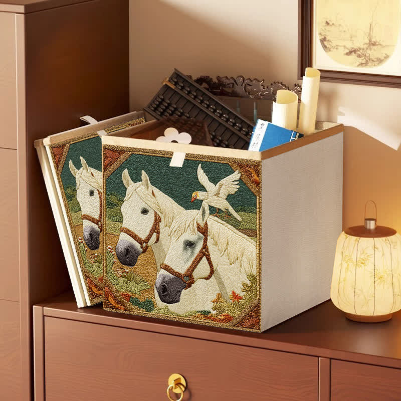 Sac de rangement pliable de style vintage avec motif de cheval et d'oiseau - Vert - 33 cm × 33 cm × 38 cm - image 0