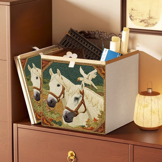 Sac de rangement pliable de style vintage avec motif de cheval et d'oiseau - Vert - 33 cm × 33 cm × 38 cm - image 0