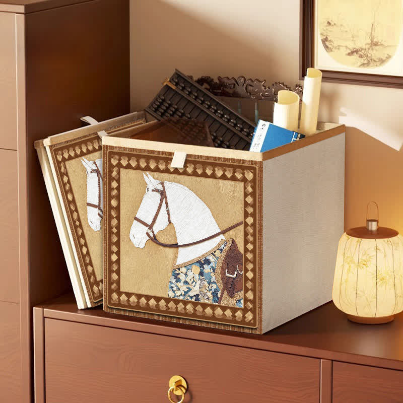 Panier de rangement en tissu à motif de chevaux vintage - Kaki - 33 cm × 33 cm × 38 cm - image 0