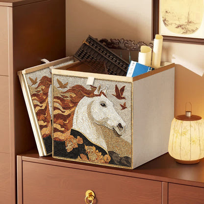Panier de rangement en tissu de style rétro avec motif de cheval et d'oiseau - Kaki - 33 cm × 33 cm × 38 cm - image 0