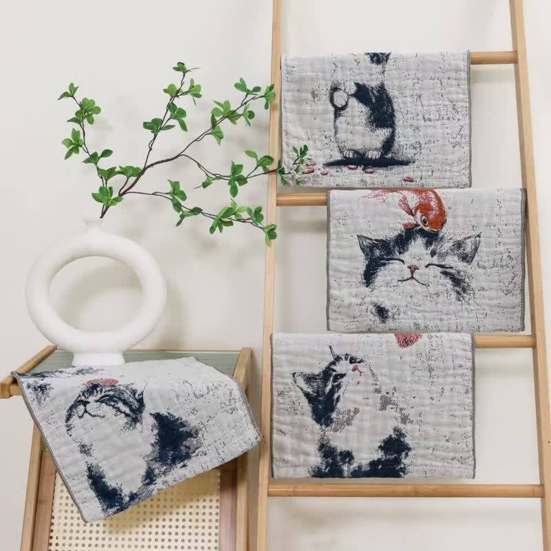 Torchon de cuisine en gaze de coton à motif « chat de campagne et fruits » - image 0
