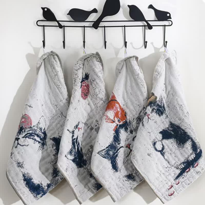 Torchon de cuisine en gaze de coton à motif « chat de campagne et fruits » - Ensemble de 4 - 35 cm x 35 cm - image 1