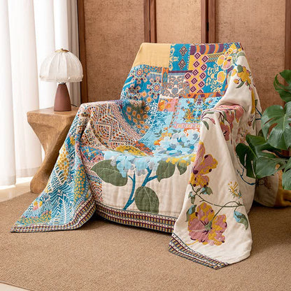 Couverture patchwork artistique en gaze de coton à motif floral - 230 cm x 250 cm - image 0