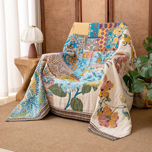 Couverture patchwork artistique en gaze de coton à motif floral - 230 cm x 250 cm - image 0