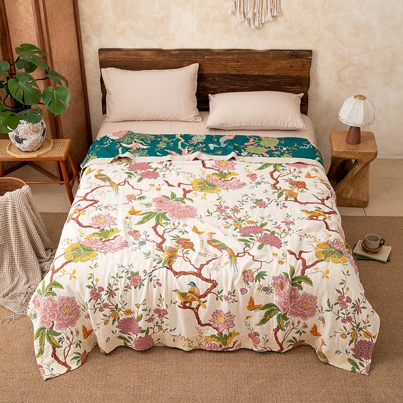 Couverture en gaze de coton de style champêtre avec motifs floraux et d'oiseaux - image 3