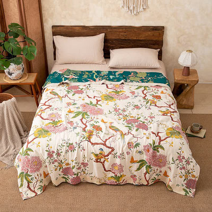 Couverture en gaze de coton de style champêtre avec motifs floraux et d'oiseaux - image 3