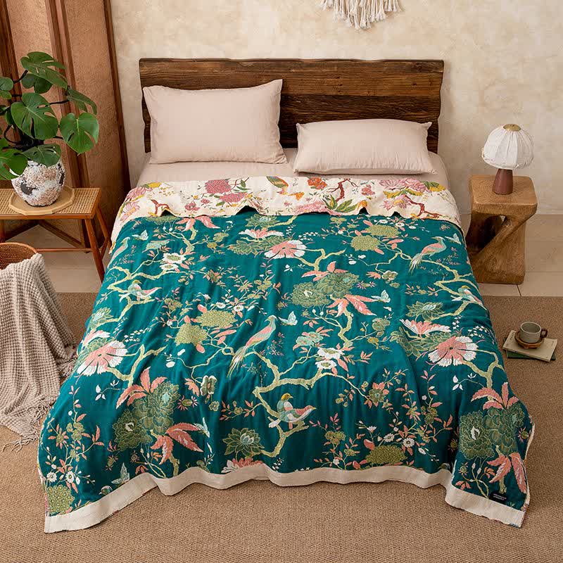 Couverture en gaze de coton de style champêtre avec motifs floraux et d'oiseaux - image 4
