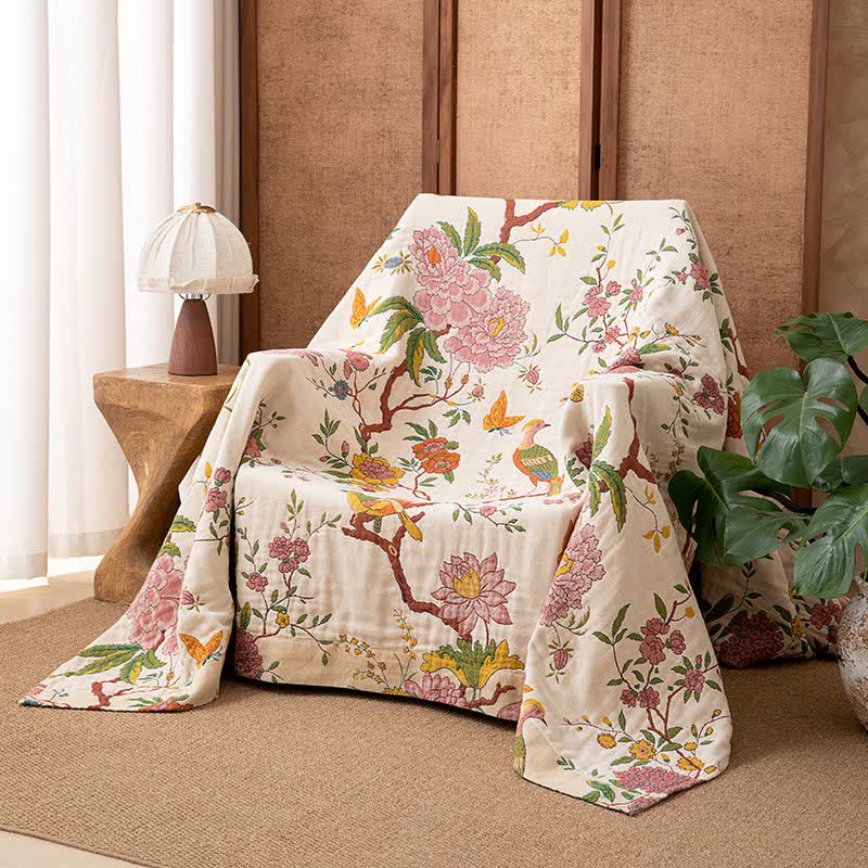 Couverture en gaze de coton de style champêtre avec motifs floraux et d'oiseaux - 230 cm x 250 cm - image 0