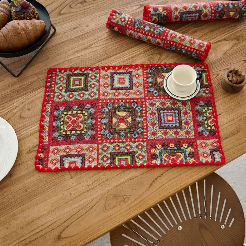 Sets de table vintage en tissu jacquard à motif géométrique vintage (3 pièces) - Rouge - 3 pièces - 30 cm x 45 cm - image 0
