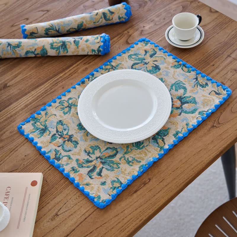 Set de table en tissu jacquard bleu rustique à motif floral - 3 pièces - 30 cm x 45 cm - image 0