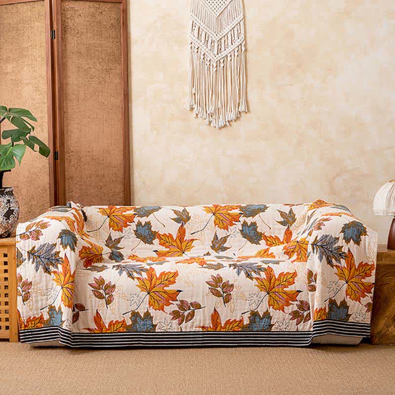 Couverture réversible en gaze de coton à motif de feuilles d'érable - image 1