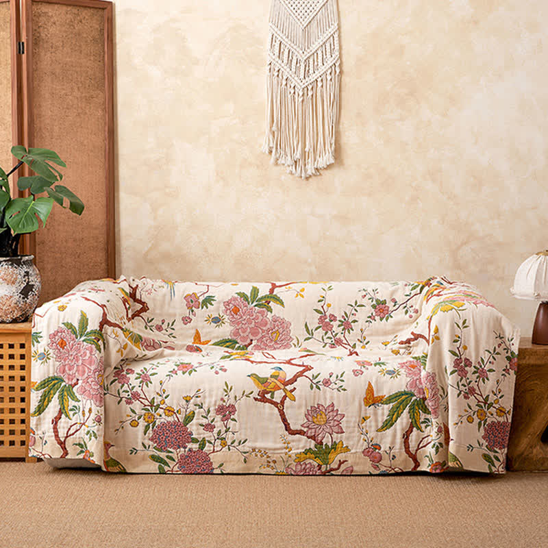 Couverture en gaze de coton de style champêtre avec motifs floraux et d'oiseaux - image 1