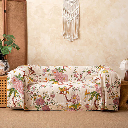 Couverture en gaze de coton de style champêtre avec motifs floraux et d'oiseaux - image 1