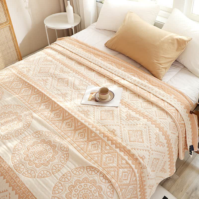 Couette en gaze de coton beige à motif géométrique - 200 cm x 230 cm - image 0