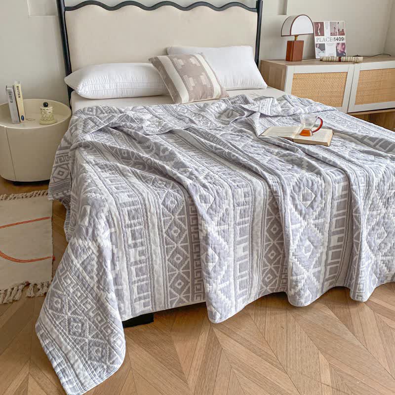 Couette géométrique en gaze de coton de style ethnique - Gris - 200 cm x 230 cm - image 4
