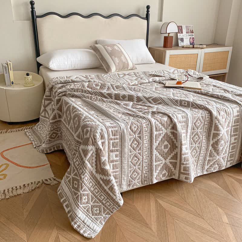 Couette géométrique en gaze de coton de style ethnique - Café - 200 cm x 230 cm - image 0