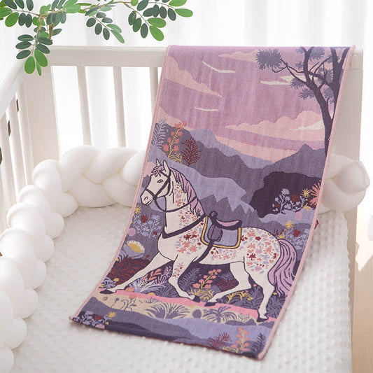 Serviette en gaze de coton à motif de cheval et de fleurs violettes - Violet - 35 cm x 75 cm - image 0