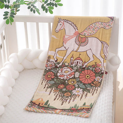 Serviette rustique en coton à motif de chevaux et de fleurs - Jaune - 35 cm x 75 cm - image 0