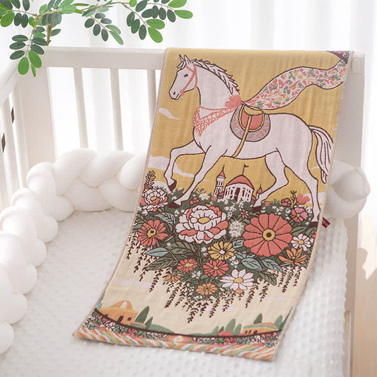 Serviette rustique en coton à motif de chevaux et de fleurs - Jaune - 35 cm x 75 cm - image 0