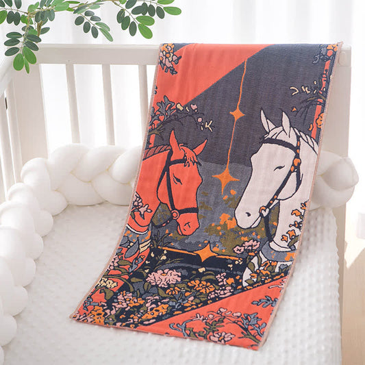 serviette en gaze de coton à motif de cheval et de fleurs - Orange et noir - 35 cm x 75 cm - image 0