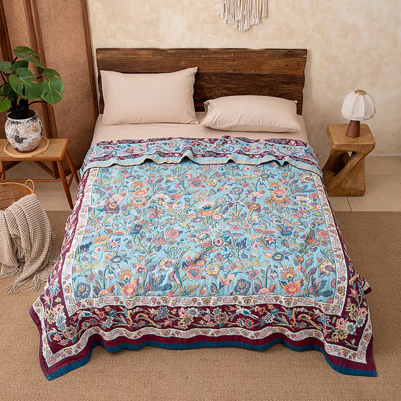 Couette en gaze de coton bleue à motif floral - 200 cm x 230 cm - image 0