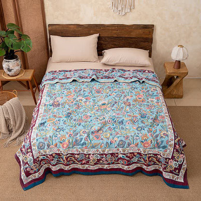 Couette en gaze de coton bleue à motif floral - 200 cm x 230 cm - image 0