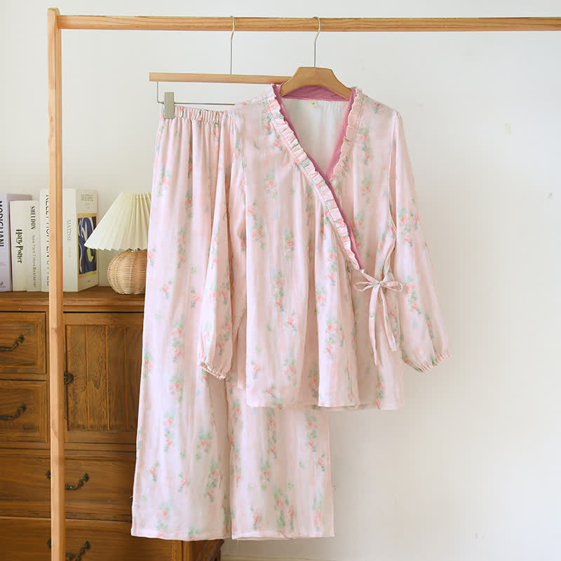 Ensemble pyjama en fibre de bambou rose à motif floral - XL - image 0