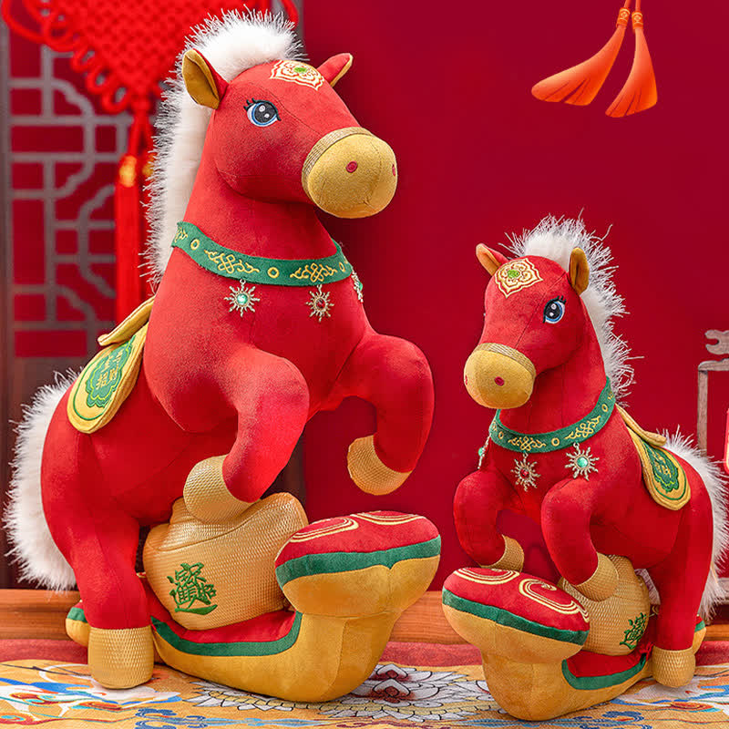 Peluche mascotte de cheval majestueux rouge et or - image 0