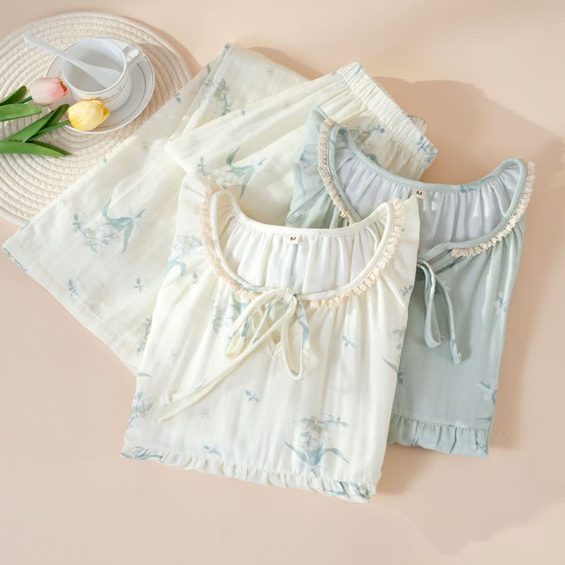 Ensemble pyjama en gaze de coton à motif de campanules - image 1
