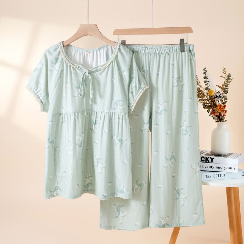 Ensemble pyjama en gaze de coton à motif de campanules - Vert - XL - image 2
