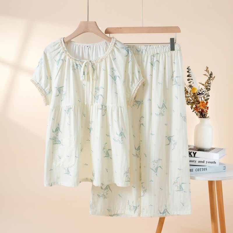 Ensemble pyjama en gaze de coton à motif de campanules - Beige - XL - image 3