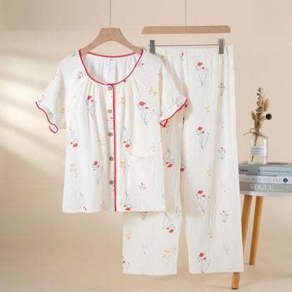 Ensemble pyjama en gaze de coton à motifs champêtres - Beige - XL - image 0