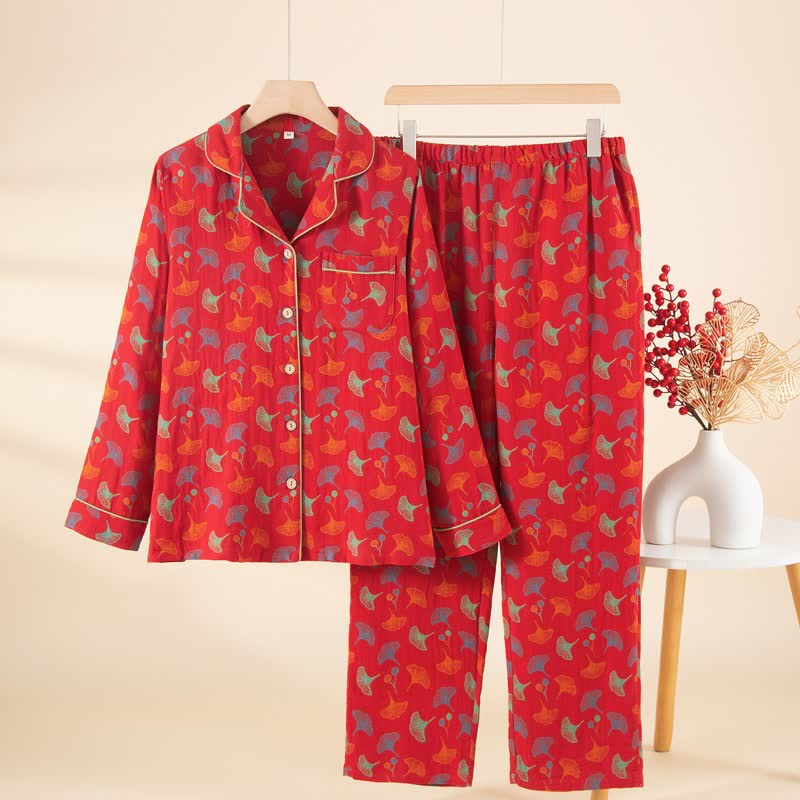 Ensemble pyjama en gaze de coton avec feuille de ginkgo - Rouge - L - image 0