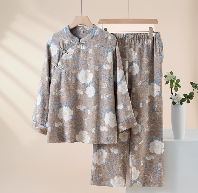 Ensemble pyjama vintage en coton à motif floral et col montant - Gris - XL - image 11