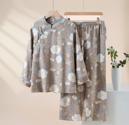 Ensemble pyjama vintage en coton à motif floral et col montant - Gris - XL - image 11