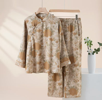 Ensemble pyjama vintage en coton à motif floral et col montant - chameau - XL - image 2