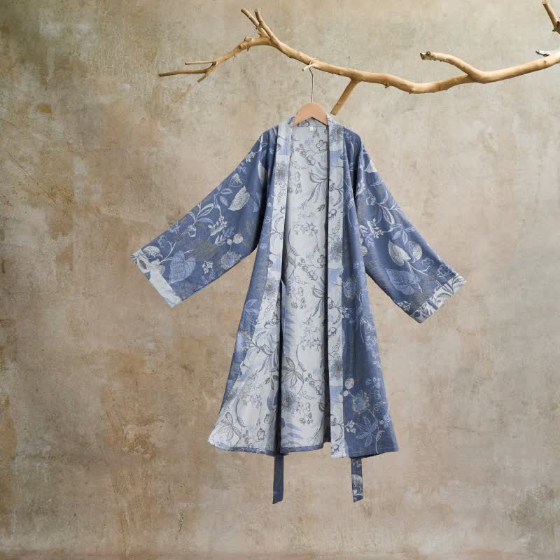 Robe kimono en gaze de coton à motif de feuilles champêtres - Bleu - L - image 0