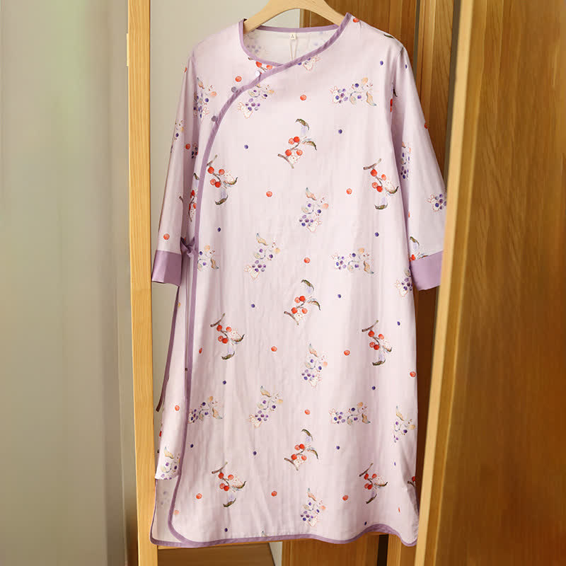 Chemise de nuit en gaze de coton à motif de lapins et de baies - Violet - XXL - image 0