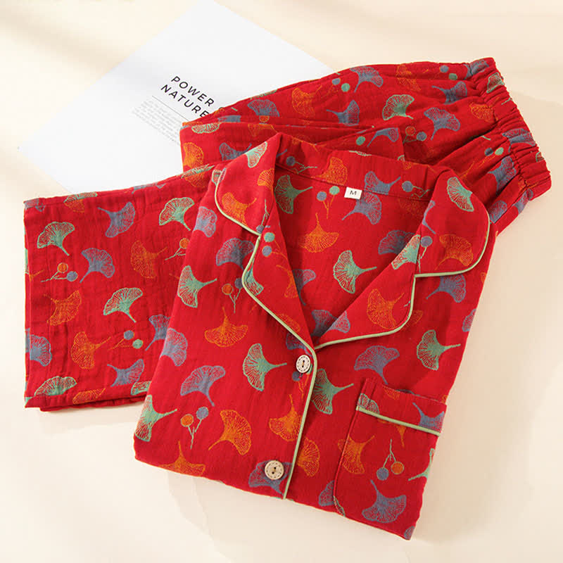 Ensemble pyjama en gaze de coton avec feuille de ginkgo - image 1