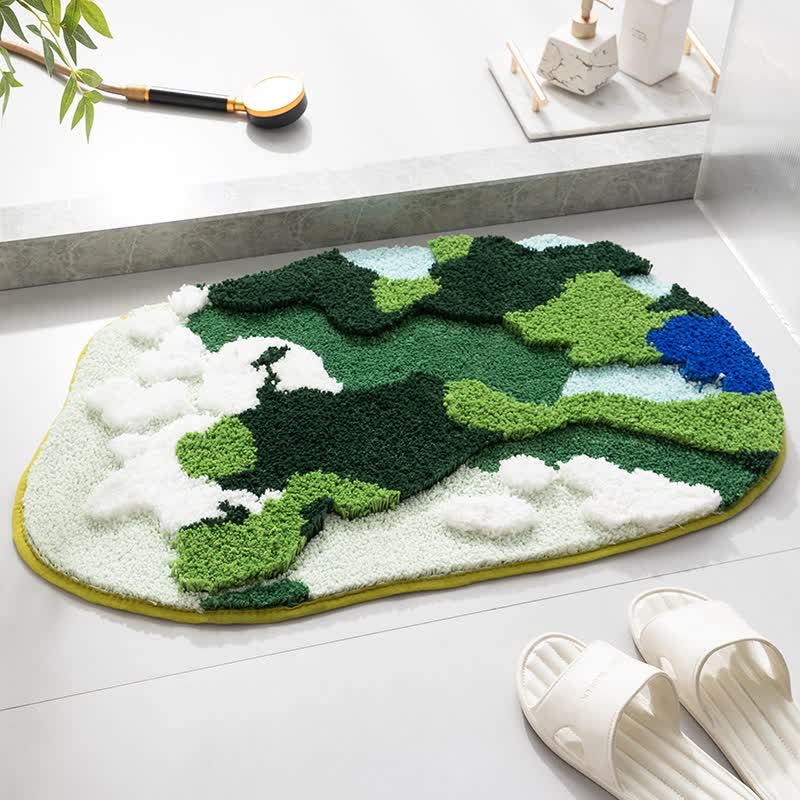 Tapis de bain décoratif abstrait artistique - Vert et blanc - 60 cm x 90 cm - image 1
