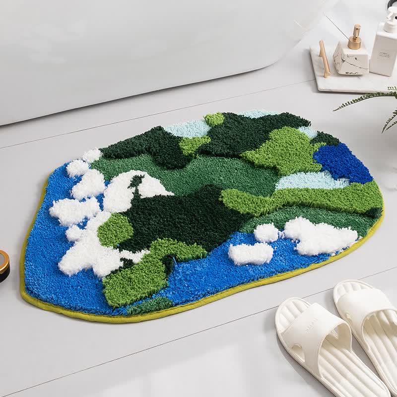 Tapis de bain décoratif abstrait artistique - Vert et bleu - 60 cm x 90 cm - image 2