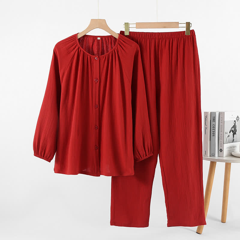 Ensemble pyjama minimaliste en coton rouge pour couples - col rond - Rouge - Femme : XL - image 2